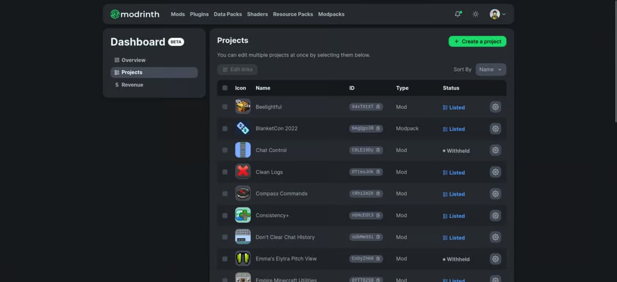 The new Modrinth project dashboard